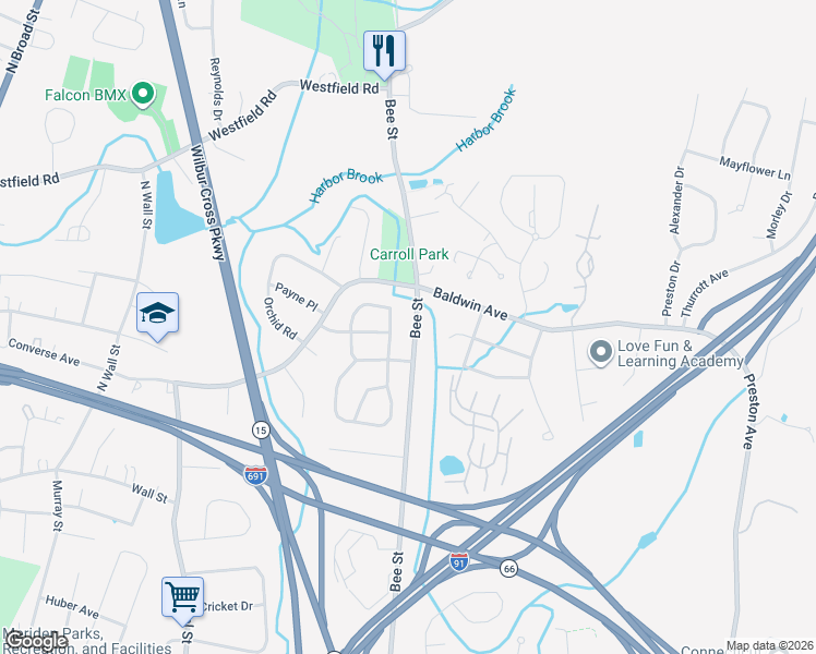 map of restaurants, bars, coffee shops, grocery stores, and more near 648 Bee Street in Meriden