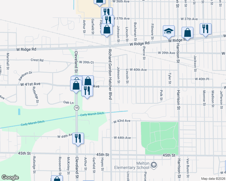map of restaurants, bars, coffee shops, grocery stores, and more near 1555 W 41st Ave in Gary