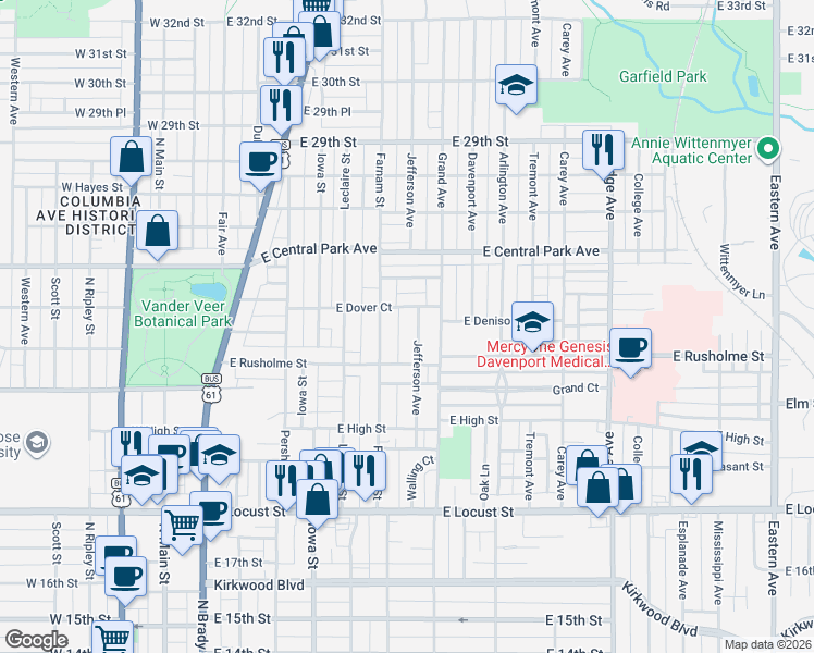 map of restaurants, bars, coffee shops, grocery stores, and more near 2351 Jefferson Avenue in Davenport