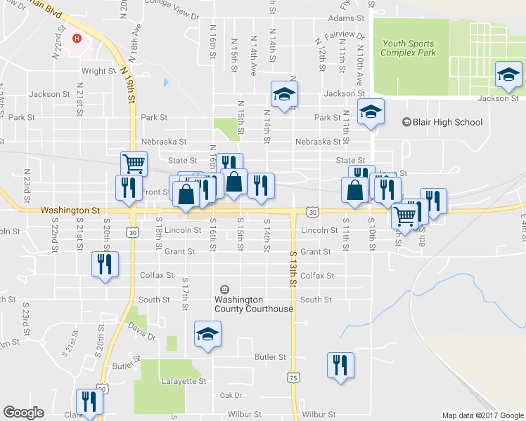 map of restaurants, bars, coffee shops, grocery stores, and more near 1406 Washington St in Blair