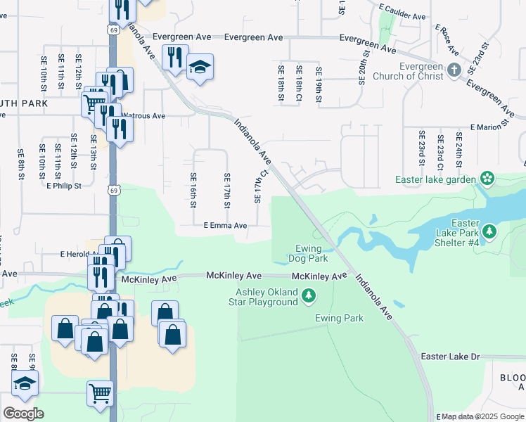 map of restaurants, bars, coffee shops, grocery stores, and more near 4475 Southeast 17th Court in Des Moines