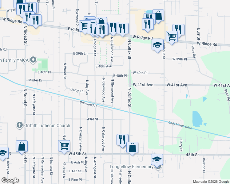map of restaurants, bars, coffee shops, grocery stores, and more near 1236 North Glenwood Avenue in Griffith