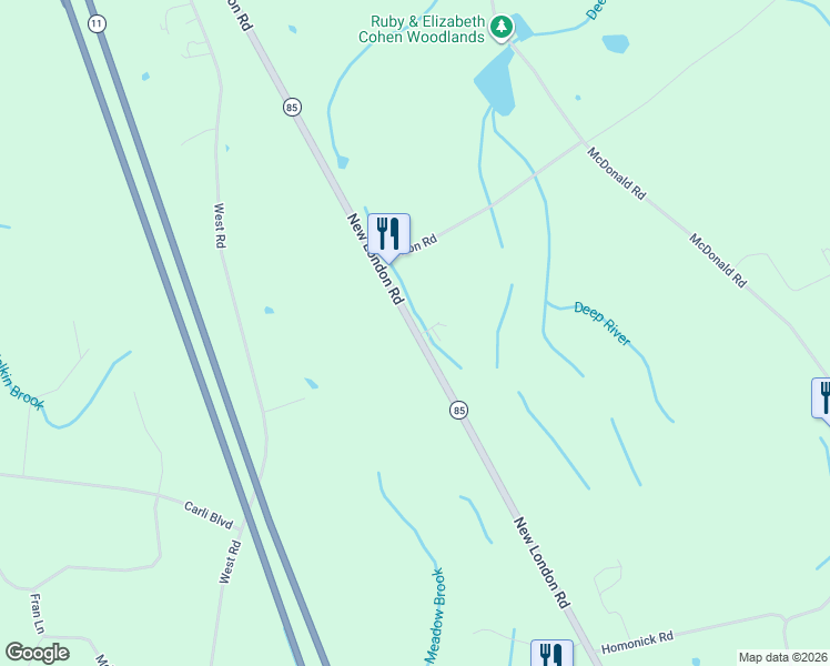 map of restaurants, bars, coffee shops, grocery stores, and more near 338 New London Road in Colchester