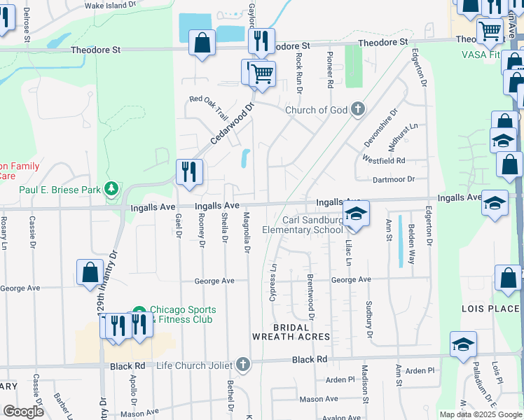map of restaurants, bars, coffee shops, grocery stores, and more near 1131 Elizabeth Court in Crest Hill