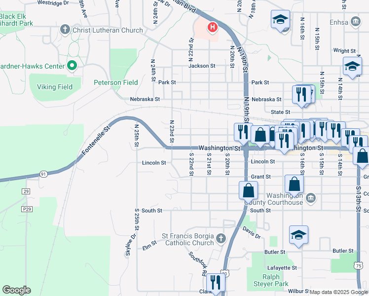 map of restaurants, bars, coffee shops, grocery stores, and more near 2232 Washington Street in Blair