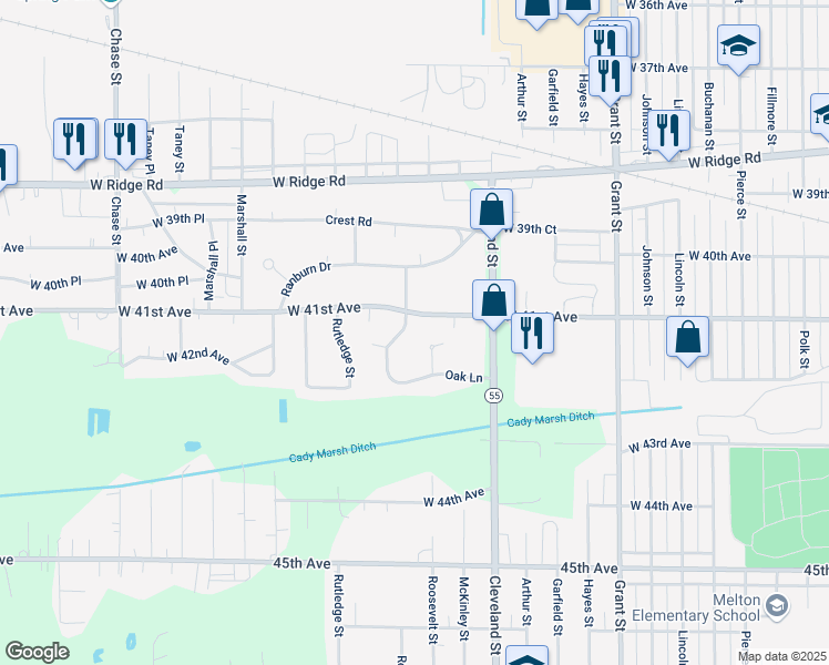 map of restaurants, bars, coffee shops, grocery stores, and more near 2145 West 41st Avenue in Gary