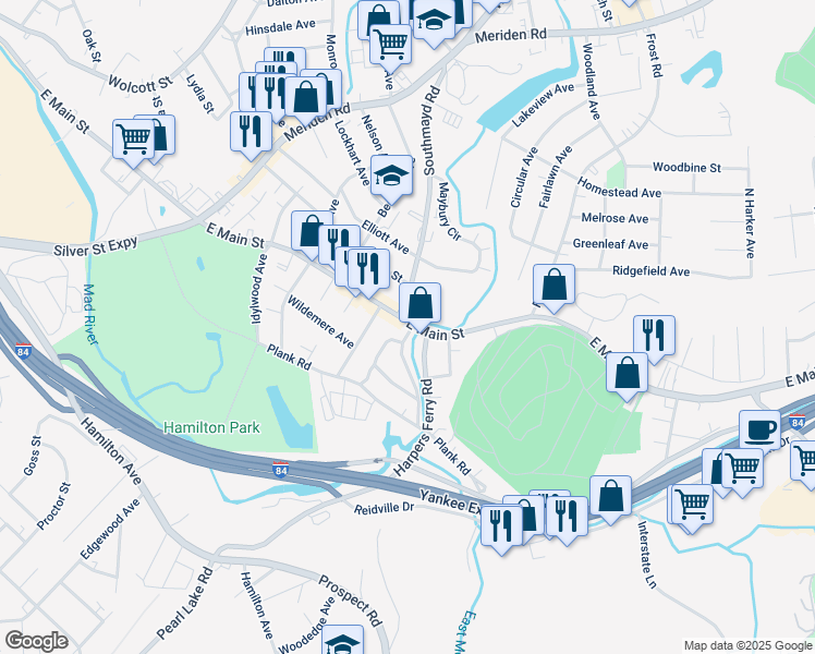 map of restaurants, bars, coffee shops, grocery stores, and more near 1986 East Main Street in Waterbury