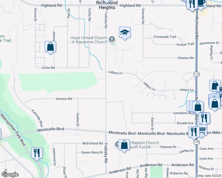 map of restaurants, bars, coffee shops, grocery stores, and more near 609 Trebisky Road in Cleveland