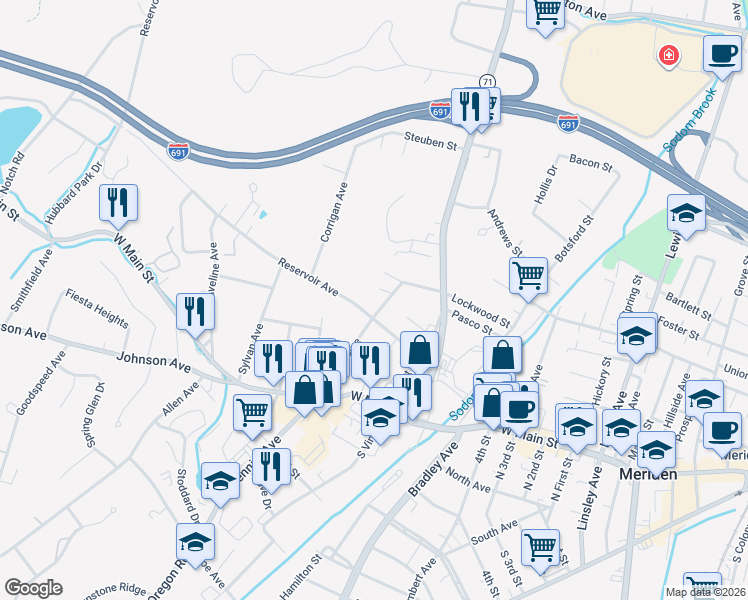 map of restaurants, bars, coffee shops, grocery stores, and more near 124 Fowler Avenue in Meriden