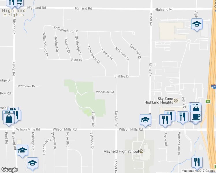 map of restaurants, bars, coffee shops, grocery stores, and more near 5963 Woodside Road in Cleveland