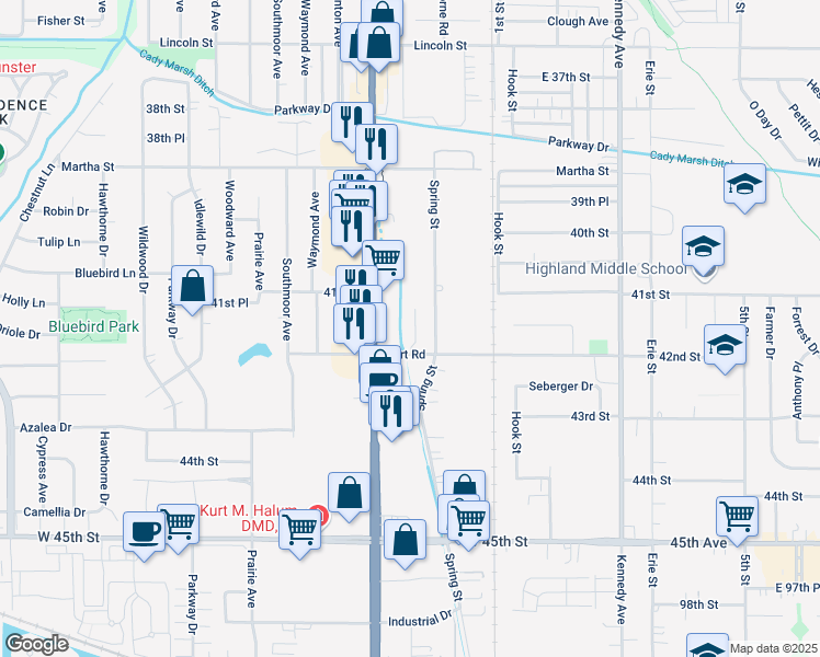 map of restaurants, bars, coffee shops, grocery stores, and more near Spring Creek Drive in Highland