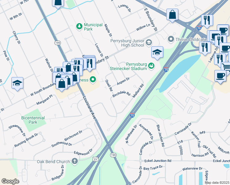 map of restaurants, bars, coffee shops, grocery stores, and more near 203 Quail Road in Perrysburg