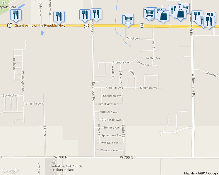 map of restaurants, bars, coffee shops, grocery stores, and more near 5704 Kingman Ave in Portage