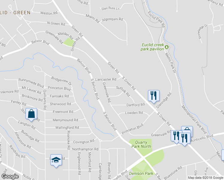map of restaurants, bars, coffee shops, grocery stores, and more near 3988 Suffolk Rd in South Euclid