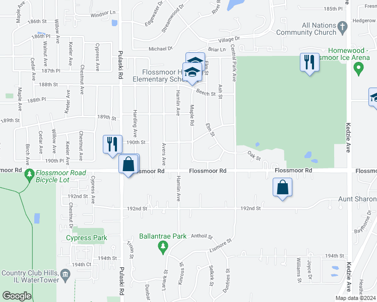 map of restaurants, bars, coffee shops, grocery stores, and more near 1020 Maple Road in Flossmoor