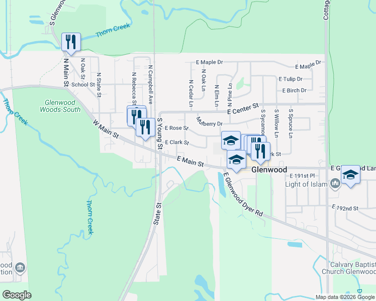 map of restaurants, bars, coffee shops, grocery stores, and more near 114 East Clark Street in Glenwood