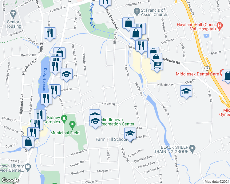map of restaurants, bars, coffee shops, grocery stores, and more near 32 Thayer Road in Middletown