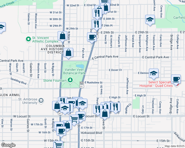 map of restaurants, bars, coffee shops, grocery stores, and more near 208 East Denison Avenue in Davenport