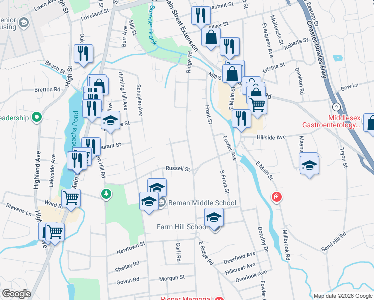 map of restaurants, bars, coffee shops, grocery stores, and more near 181 Ridge Road in Middletown