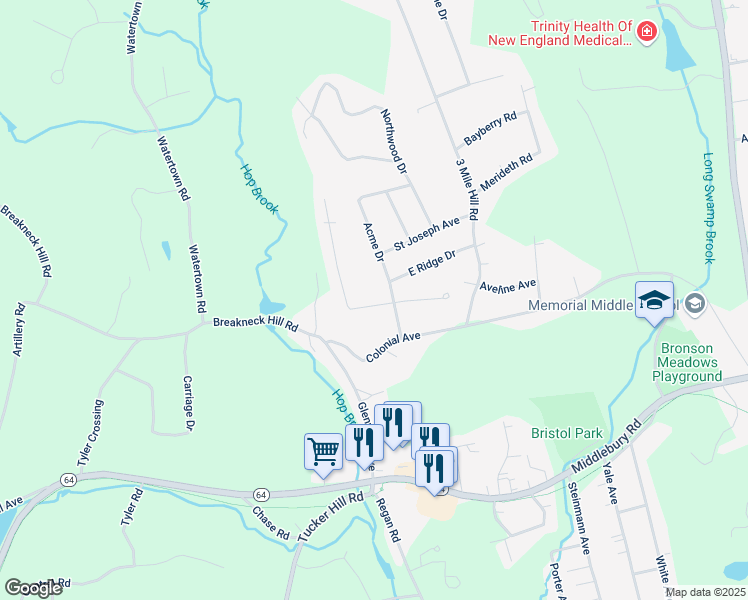 map of restaurants, bars, coffee shops, grocery stores, and more near 32 Jericho Road in Middlebury