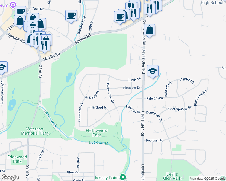 map of restaurants, bars, coffee shops, grocery stores, and more near 3237 Pleasant Drive in Bettendorf