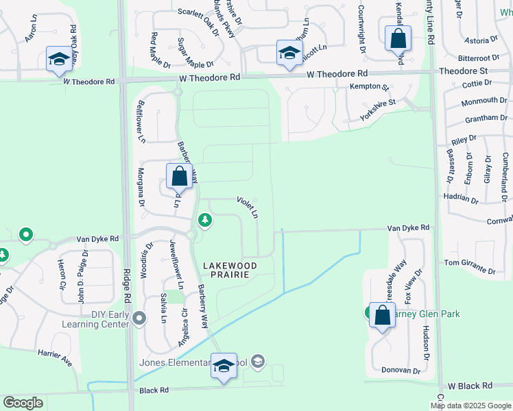 map of restaurants, bars, coffee shops, grocery stores, and more near 7626 Violet Lane in Joliet
