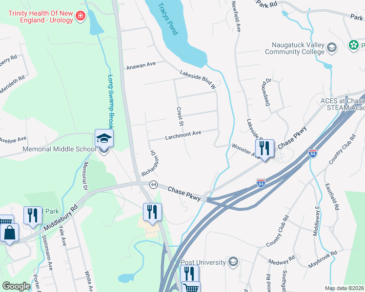 map of restaurants, bars, coffee shops, grocery stores, and more near 67 Crest Street in Waterbury