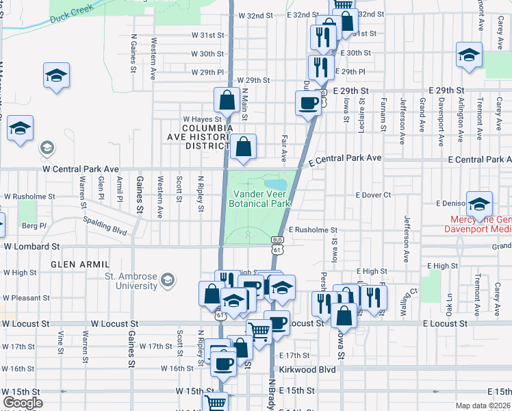 map of restaurants, bars, coffee shops, grocery stores, and more near 223 West Central Park Avenue in Davenport