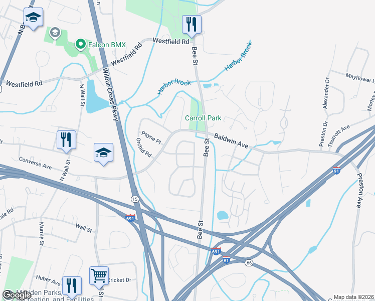map of restaurants, bars, coffee shops, grocery stores, and more near 123 Round Hill Road in Meriden
