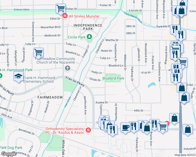 map of restaurants, bars, coffee shops, grocery stores, and more near 1819 Oriole Drive in Munster