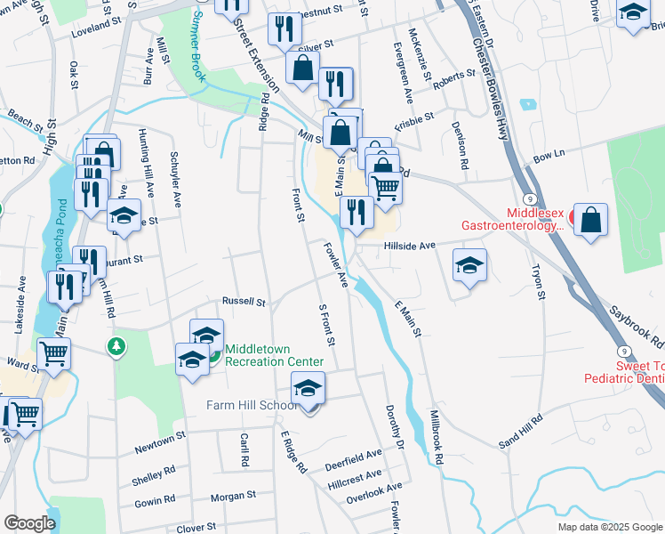 map of restaurants, bars, coffee shops, grocery stores, and more near 459 East Main Street in Middletown