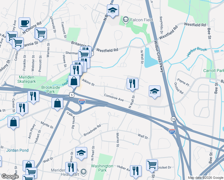 map of restaurants, bars, coffee shops, grocery stores, and more near 117 Atkins Street in Meriden