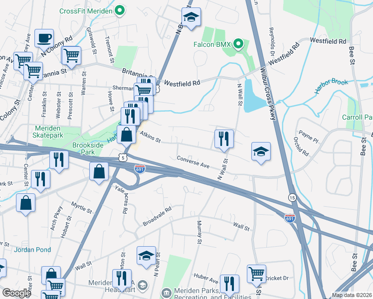 map of restaurants, bars, coffee shops, grocery stores, and more near 117 Atkins Street in Meriden