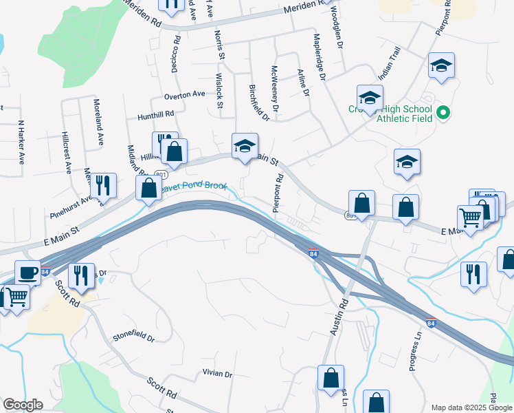 map of restaurants, bars, coffee shops, grocery stores, and more near 49 Pierpont Road in Waterbury