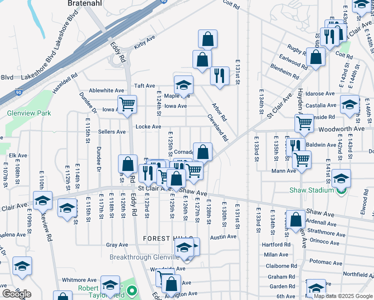 map of restaurants, bars, coffee shops, grocery stores, and more near 508 East 126th Street in Cleveland