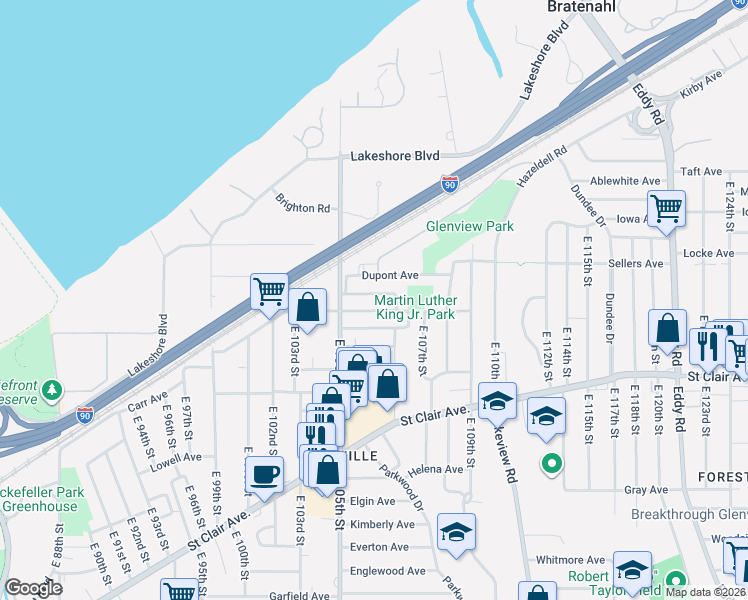 map of restaurants, bars, coffee shops, grocery stores, and more near 10551 Remington Avenue in Cleveland