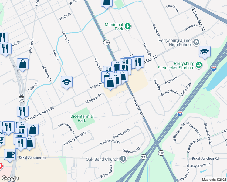 map of restaurants, bars, coffee shops, grocery stores, and more near 144 W South Boundary St in Perrysburg