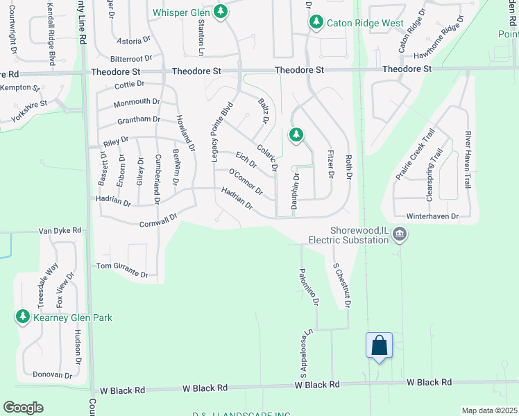 map of restaurants, bars, coffee shops, grocery stores, and more near 6617 Hadrian Drive in Joliet