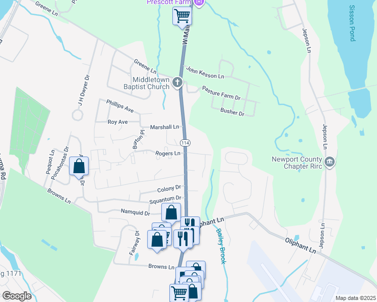 map of restaurants, bars, coffee shops, grocery stores, and more near 11 Rogers Lane in Middletown