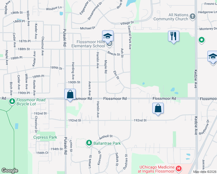 map of restaurants, bars, coffee shops, grocery stores, and more near 1025 Maple Road in Flossmoor