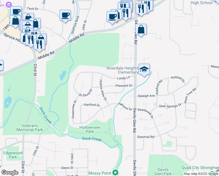 map of restaurants, bars, coffee shops, grocery stores, and more near 3237 Pleasant Drive in Bettendorf