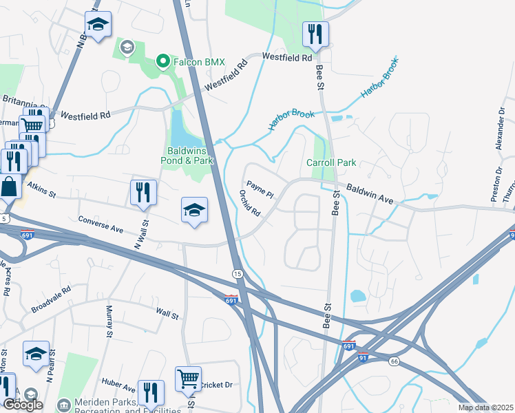 map of restaurants, bars, coffee shops, grocery stores, and more near 21 Orchid Road in Meriden