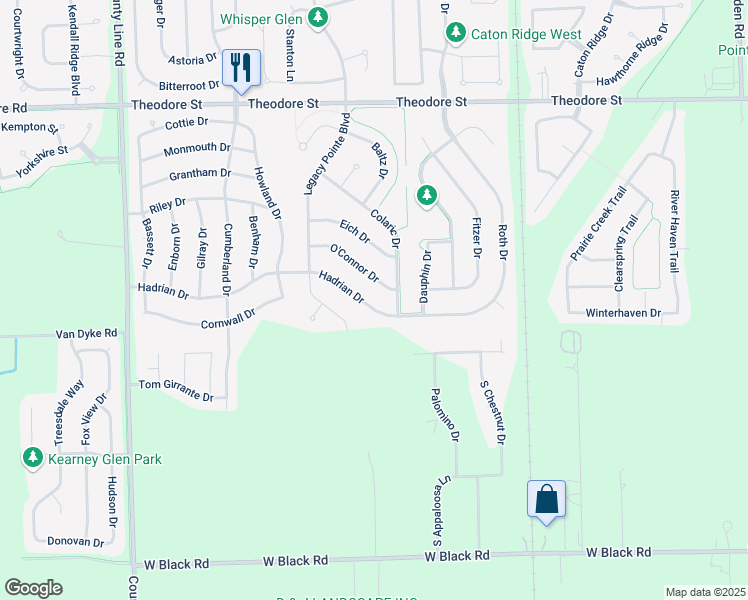 map of restaurants, bars, coffee shops, grocery stores, and more near 6617 Hadrian Drive in Joliet