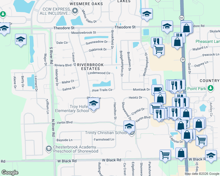 map of restaurants, bars, coffee shops, grocery stores, and more near 5207 Pine Trails Circle in Plainfield