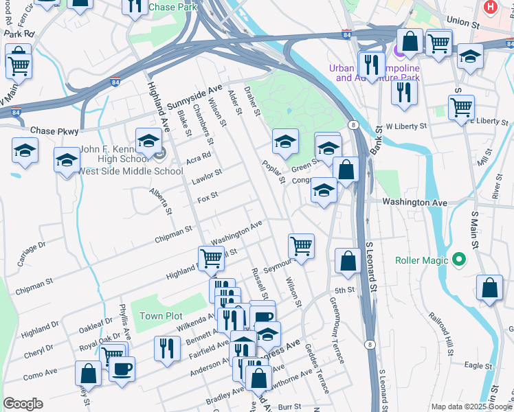 map of restaurants, bars, coffee shops, grocery stores, and more near 500 Wilson Street in Waterbury