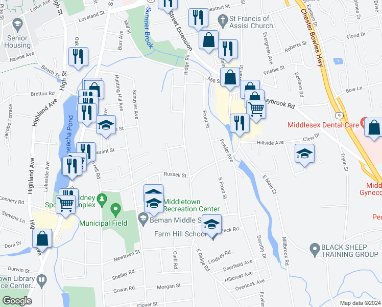 map of restaurants, bars, coffee shops, grocery stores, and more near 194 Ridge Road in Middletown