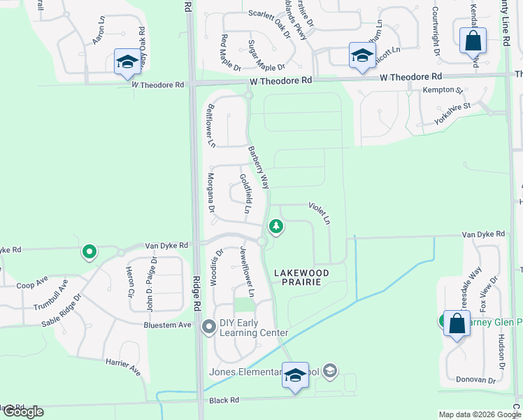 map of restaurants, bars, coffee shops, grocery stores, and more near 1211 Barberry Way in Joliet