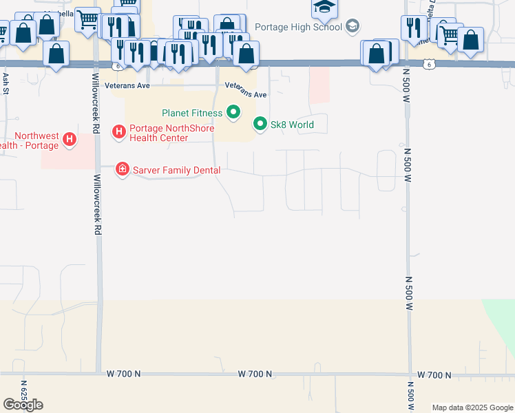 map of restaurants, bars, coffee shops, grocery stores, and more near 6236 Villamare Avenue in Portage