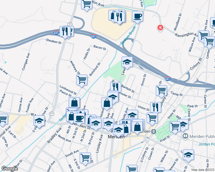 map of restaurants, bars, coffee shops, grocery stores, and more near 41 Water Street in Meriden