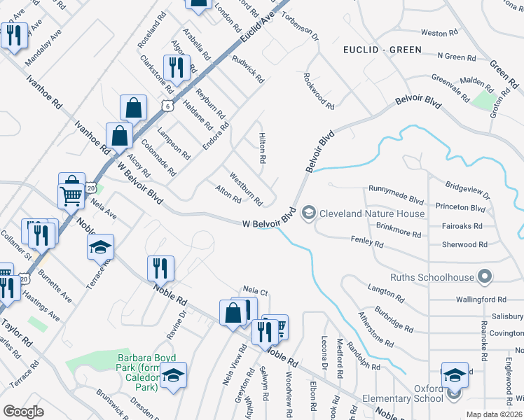 map of restaurants, bars, coffee shops, grocery stores, and more near 2146 Westburn Road in East Cleveland